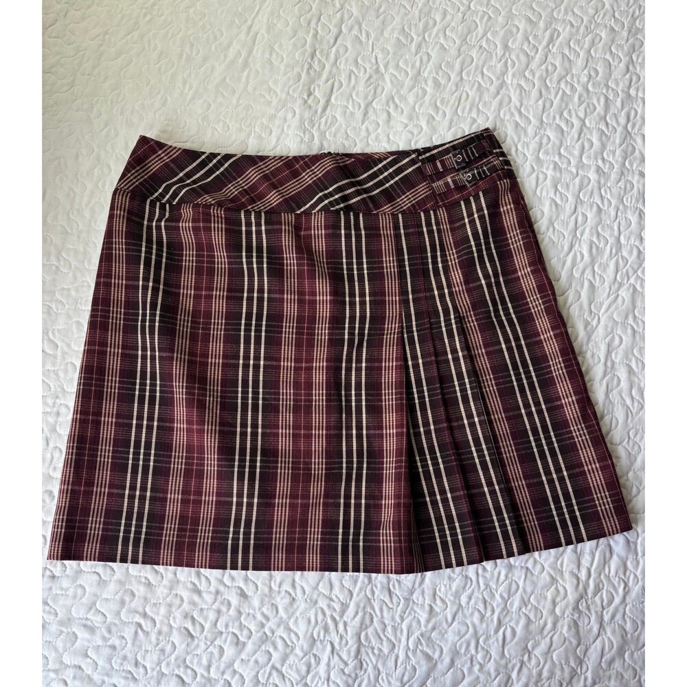 IZOD Maroon A-line Plaid Mini Shirt Skirt Zipper Back Buckle Accent size 14